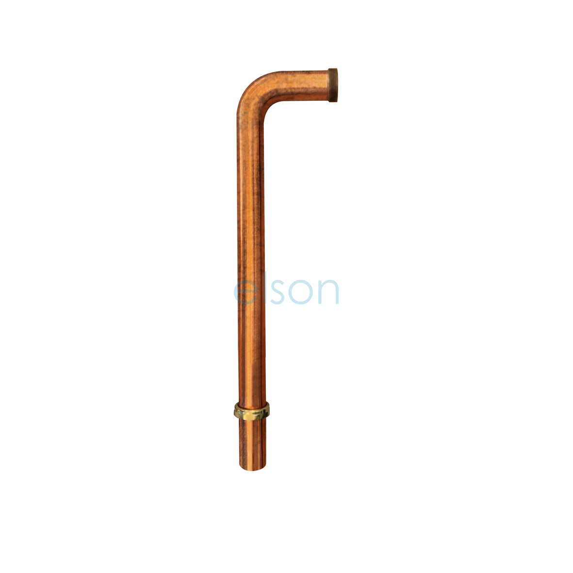 A copper drain rod with a polished finish, displaying the brand 'Elson'.