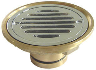 A chrome plated vinyl floor waste for PVC pipe with a brass base.
