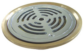 A chrome plated vinyl floor waste with a floor fixing plate.