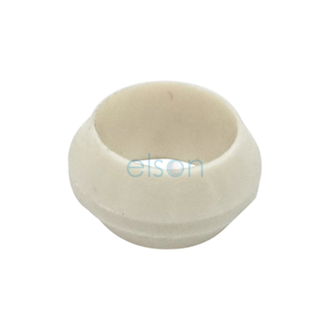 A white, circular nylon olive compression fitting.