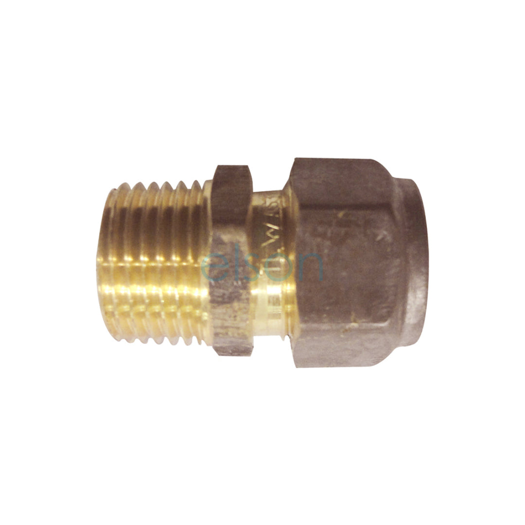 A brass compression fitting with a threaded male end and a hexagonal olive-shaped body, typically used in plumbing for potable water systems.