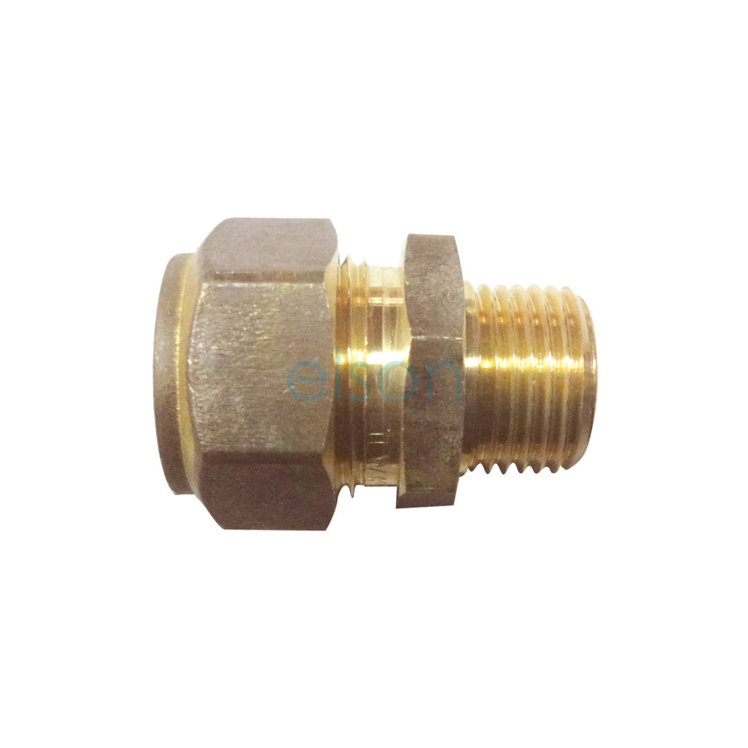 A brass compression union fitting, with a hexagonal shape for threading, and a smooth olive green finish.
