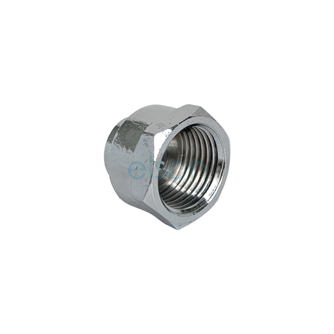 A chrome plated flared compression cap, typically used in plumbing applications.
