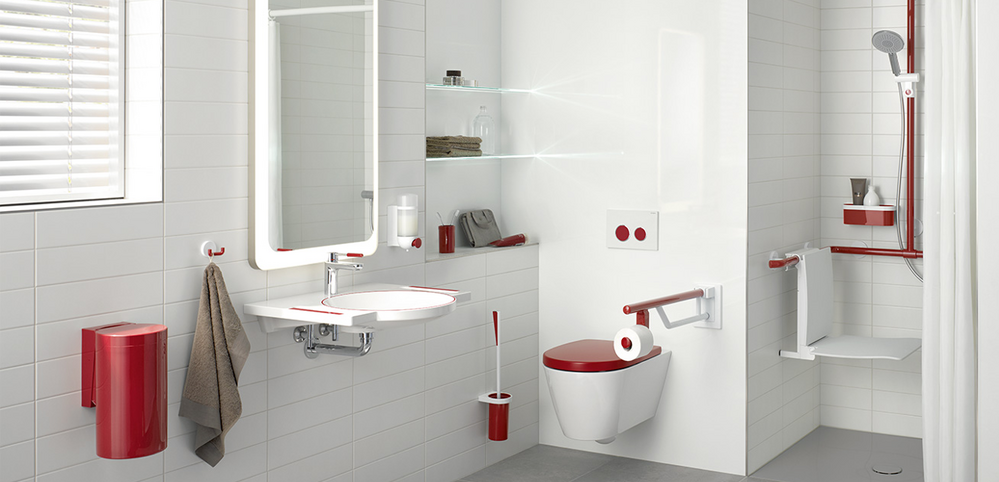 HEWI Dementia Wall Hung Wash Basin 600mm x 550mm 1 TH White with Ruby Red Handles