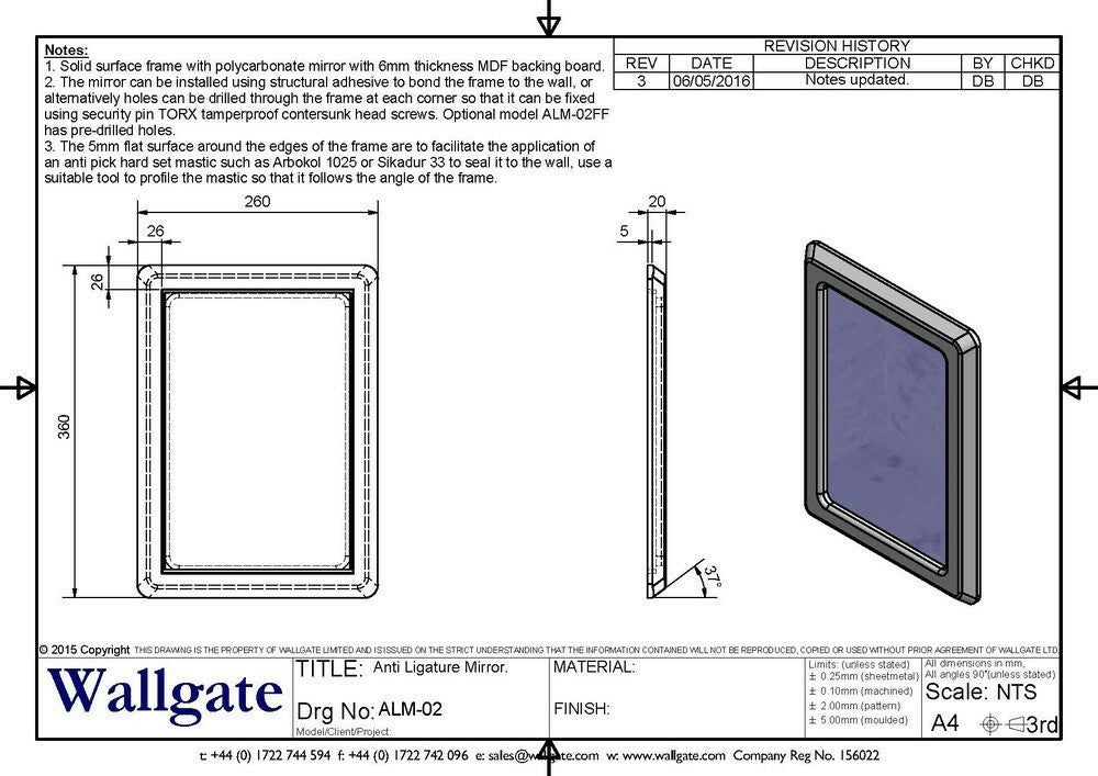 Wallgate Anti-Ligature, Anti-Vandal Polycarb Mirror with Solid Surface Surround Front Fixed 250 x 35