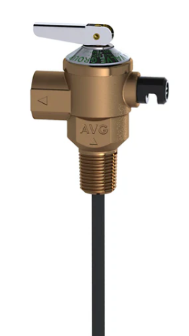 Pressure temperature relief valve, brass colored with black stem, labeled AVG, with a dial and BSP thread connection.