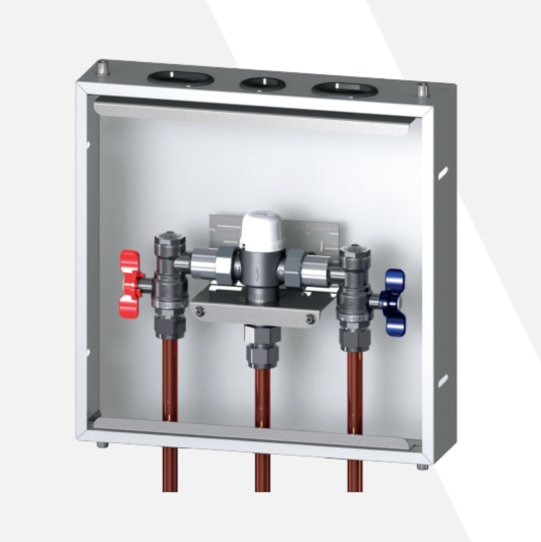 Thermostatic mixing valve with pipes and valves visible within a plumbed-in wall box.