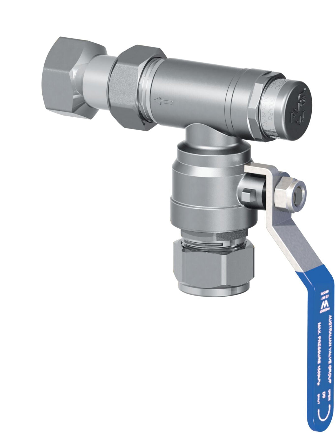 A silver-colored combination pressure reduction and isolation ball valve with a blue handle and various connectors for plumbing.