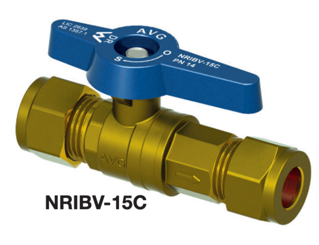 A bronze-colored metal non-return isolation duo valve with a blue handle and the AVG brand logo, model NRIBV-15C.