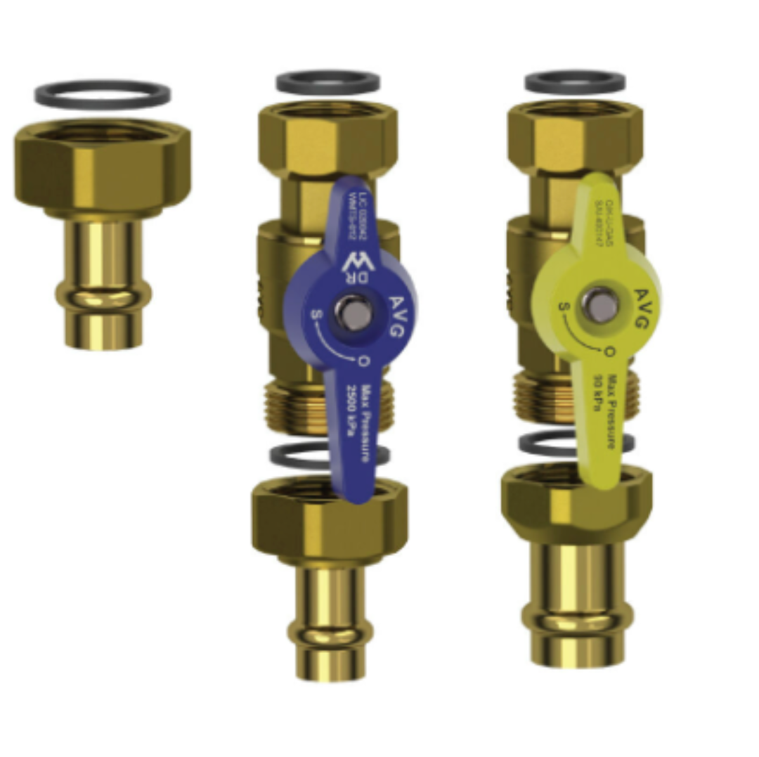Three brass valve components on a white background
