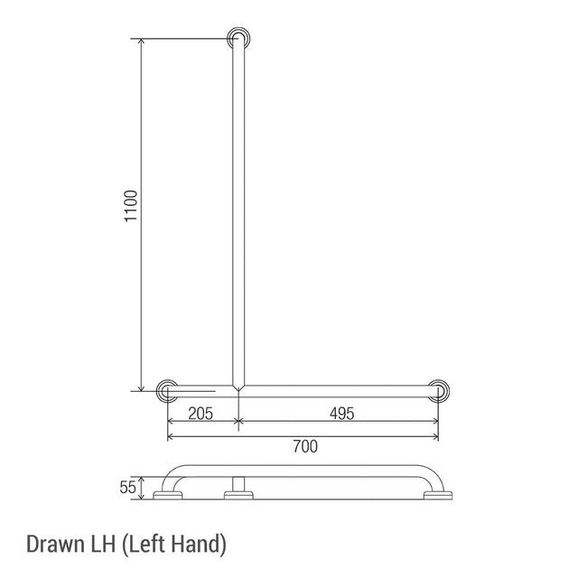 Bariatric Shower Recess Inverted "T" Grab Rail Brushed Stainless Left Hand 700mm x 1100mm