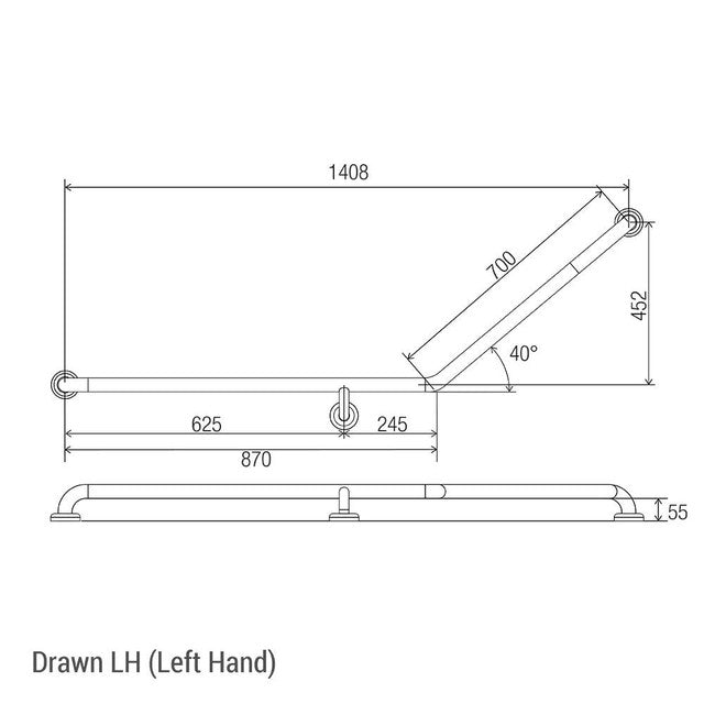 Bariatric 40° Ambulant and Accessible Grab Rail Brushed Stainless Left Hand