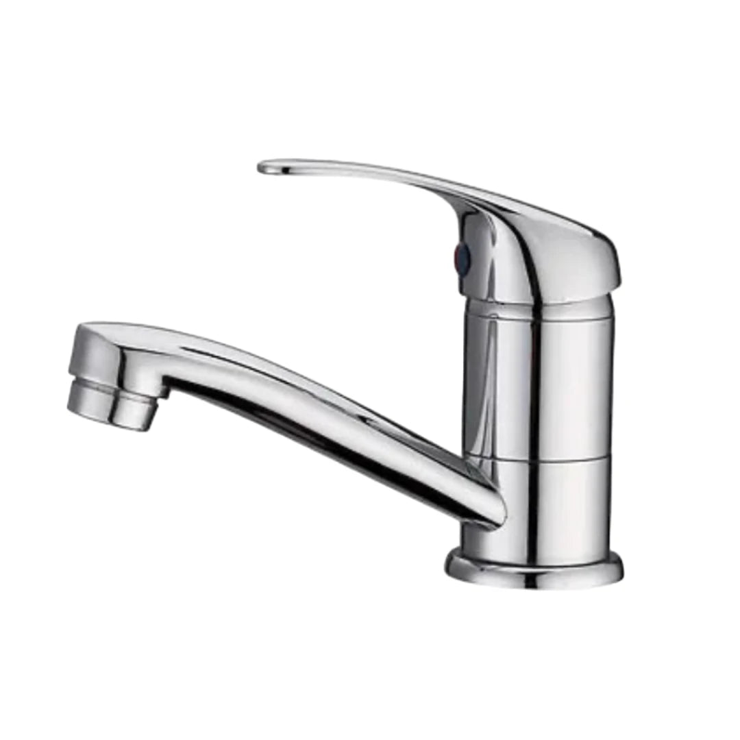 Chrome kitchen faucet on a white background