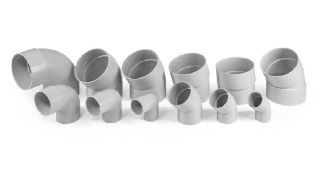 A set of gray PVC bend fittings for plumbing, displayed against a white background.