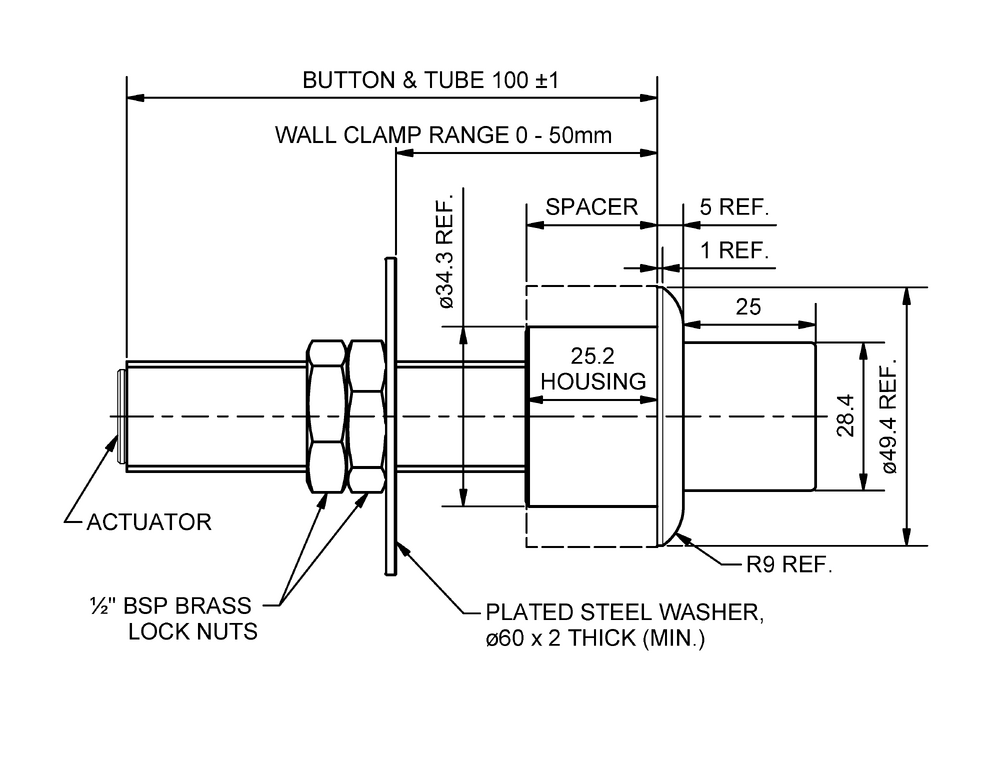 Secure WC Palm Push Button for Pneumatic Cist 19-2, 0-50mm Wall