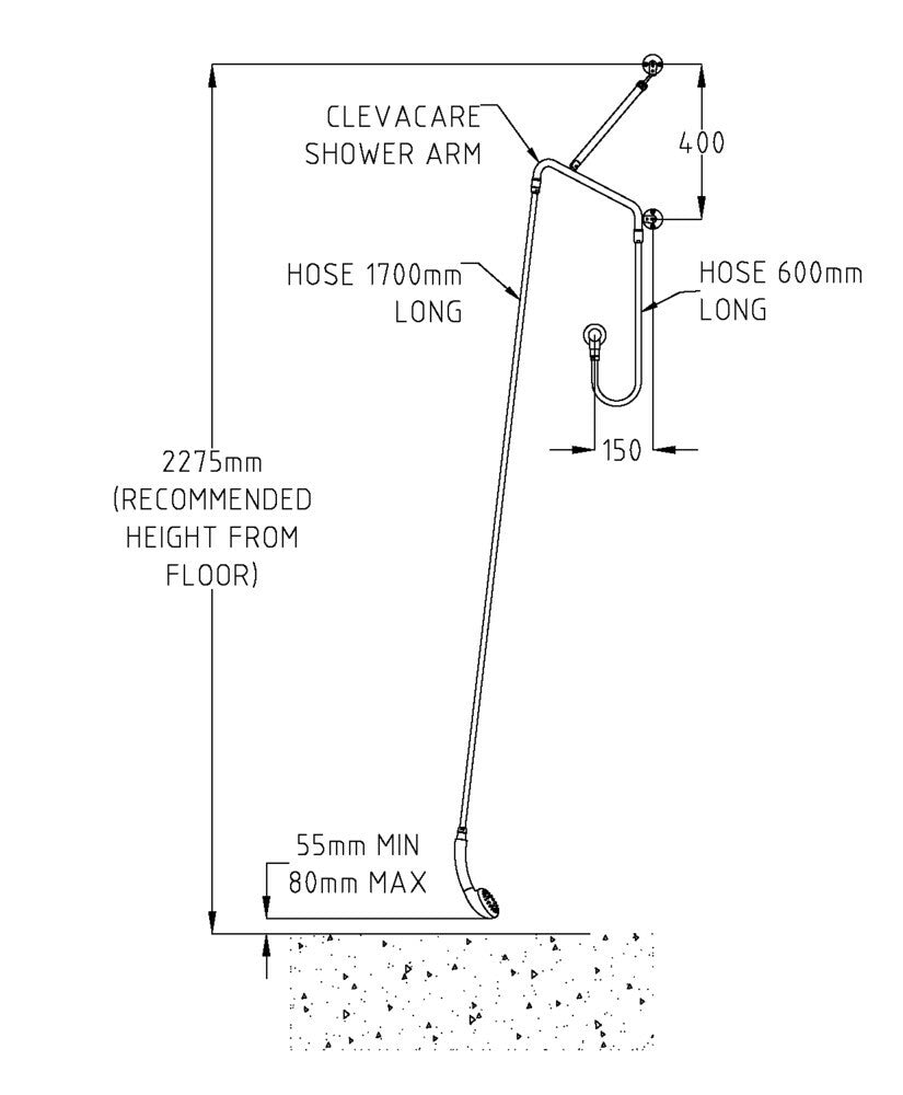 ClevaCare® CP-BS Shower Arm with 600 Inlet & 1700 Outlet Hoses - High Wall Outlet