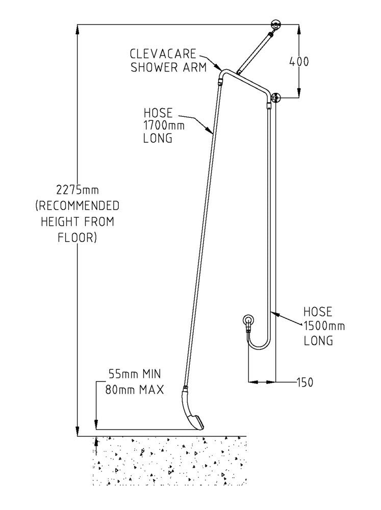 ClevaCare® CP-BS Shower Arm with 1500 Inlet & 1700 Outlet Hoses - Low Wall Outlet