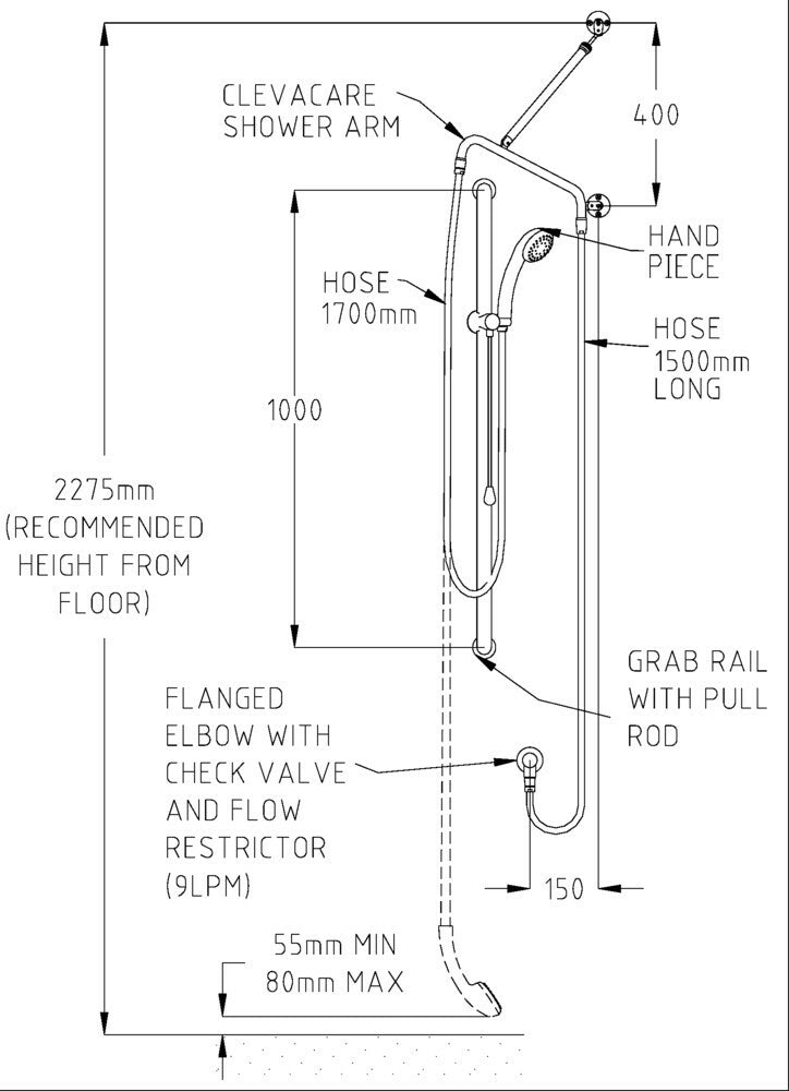 GalvinAssist® Hand Shower Kit with 1000 x 32 SS Hygienic Grab Rail, ClevaCare® Shower & Pull Rod