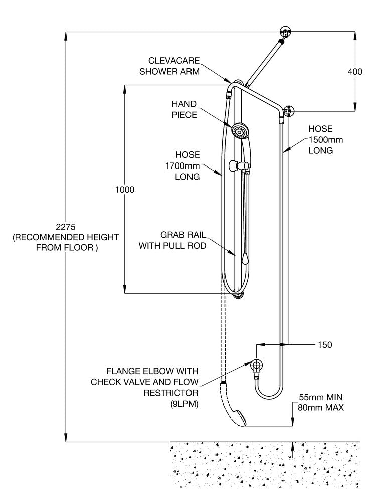 GalvinAssist® CP Hand Shower Kit with 1000 x 32 SS Hygienic Grab Rail, ClevaCare® Shower & Pull