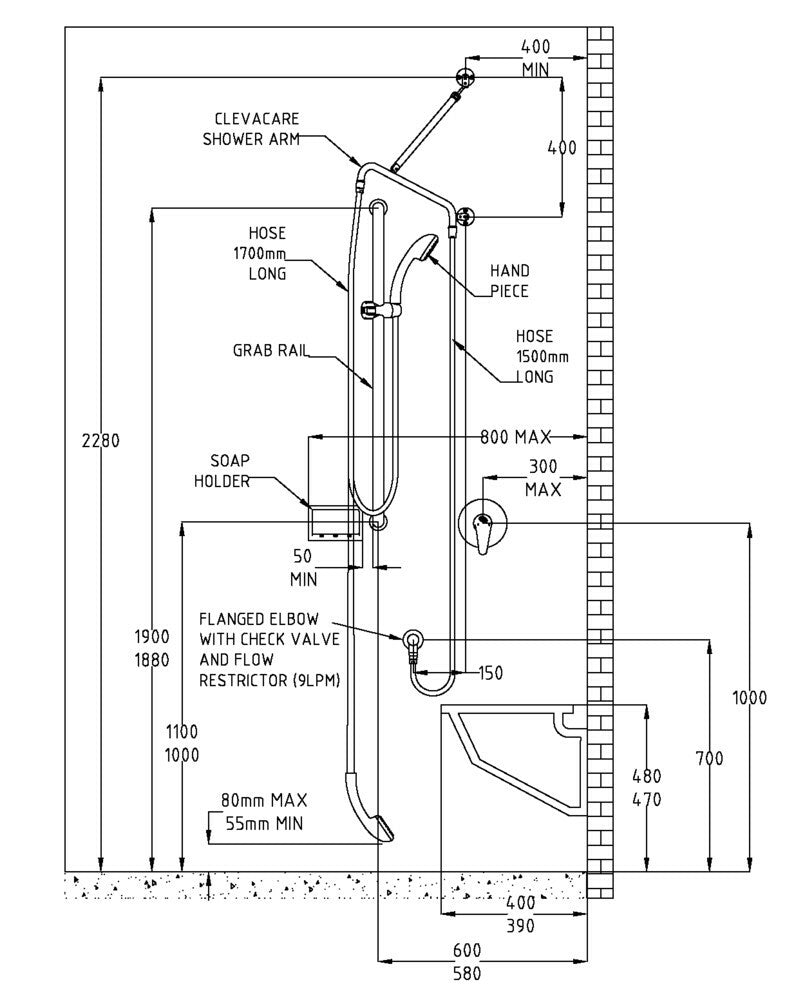 GalvinAssist® CP Hand Shower Kit with 900 x 32 SS Hygienic Grab Rail, ClevaCare® Shower & CliniL