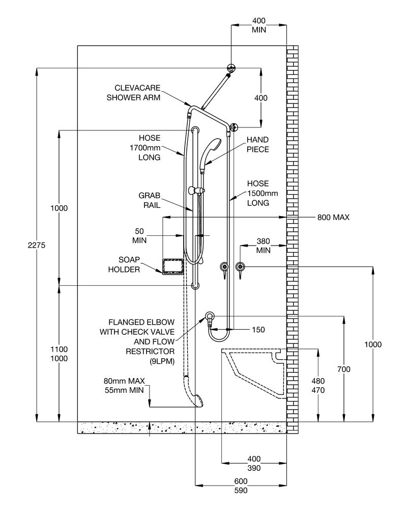 GalvinAssist® CP Hand Shower Kit with 1000 x 32 SS Grab Rail, Pull Rod, ClevaCare® Shower & Clin