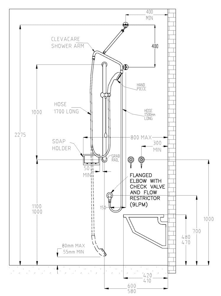 GalvinAssist® Hand Shower Kit with 1000 x 32 SS Grab Rail, Pull Rod, ClevaCare® Shower & CliniLe