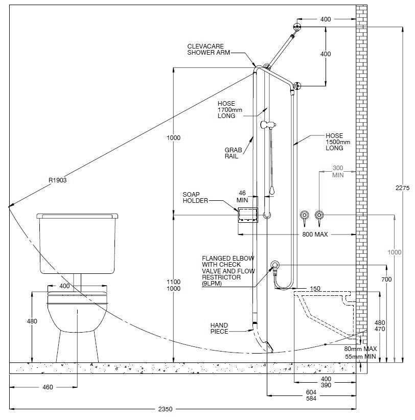 GalvinAssist® CP Hand Shower Kit with 1000 x 32 SS Grab Rail, Pull Rod, ClevaCare® Shower & Clin