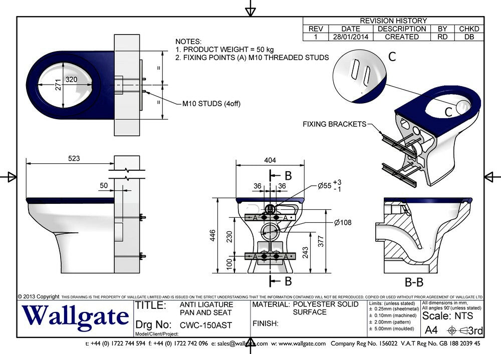 Wallgate Anti-Ligature, Anti-Vandal Solid Surface BTW Pan P Trap with Integral Grey Seat 445x523
