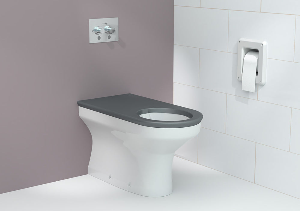 Wallgate Anti-Ligature, Anti-Vandal Solid Surface Back To Wall Pan S&P with Grey Integrated Seat