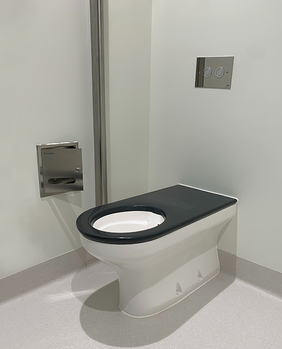 Wallgate Anti-Ligature, Anti-Vandal Solid Surface Back To Wall Pan S&P with Grey Integrated Seat