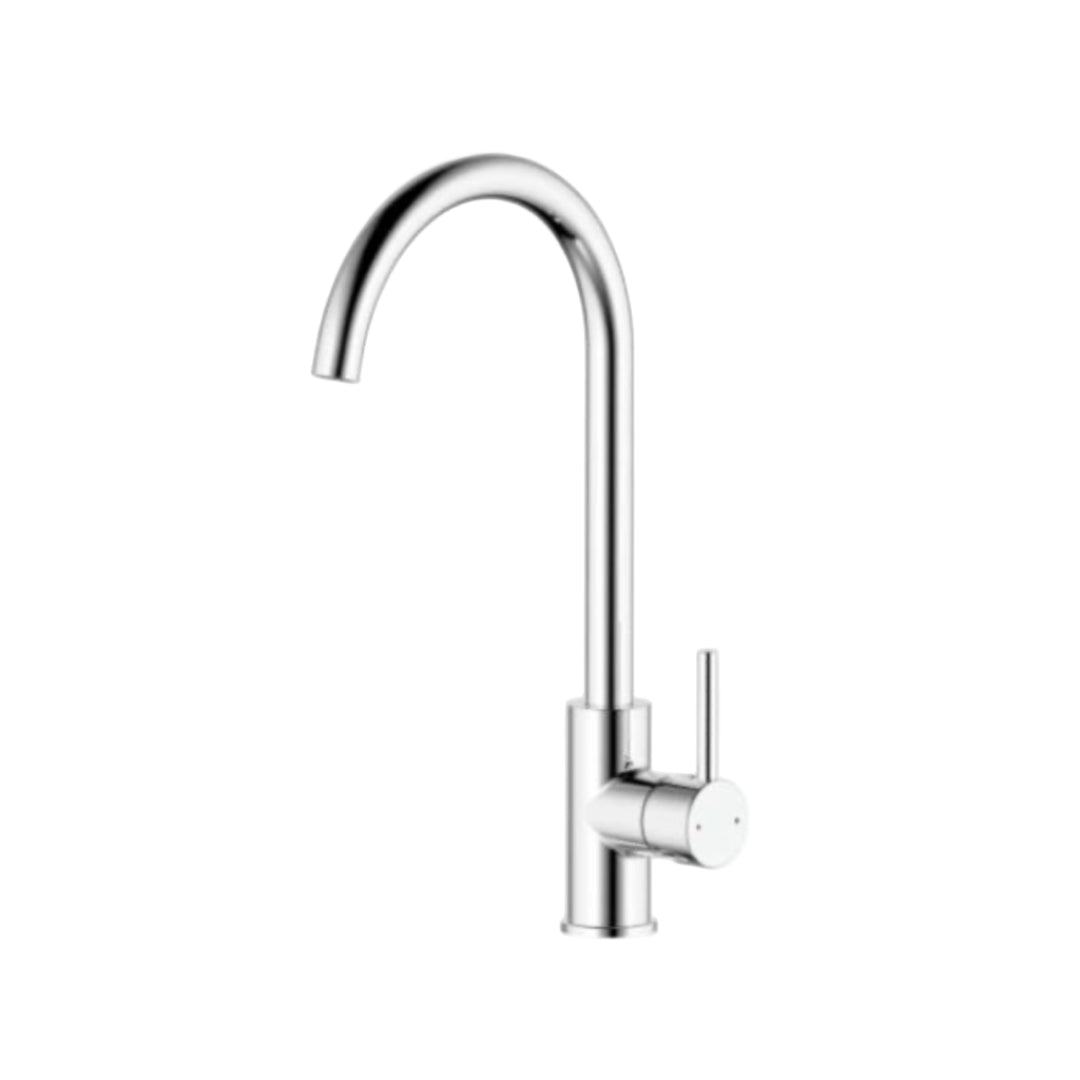 A chrome-plated kitchen sink mixer with a high arch and a single lever handle.