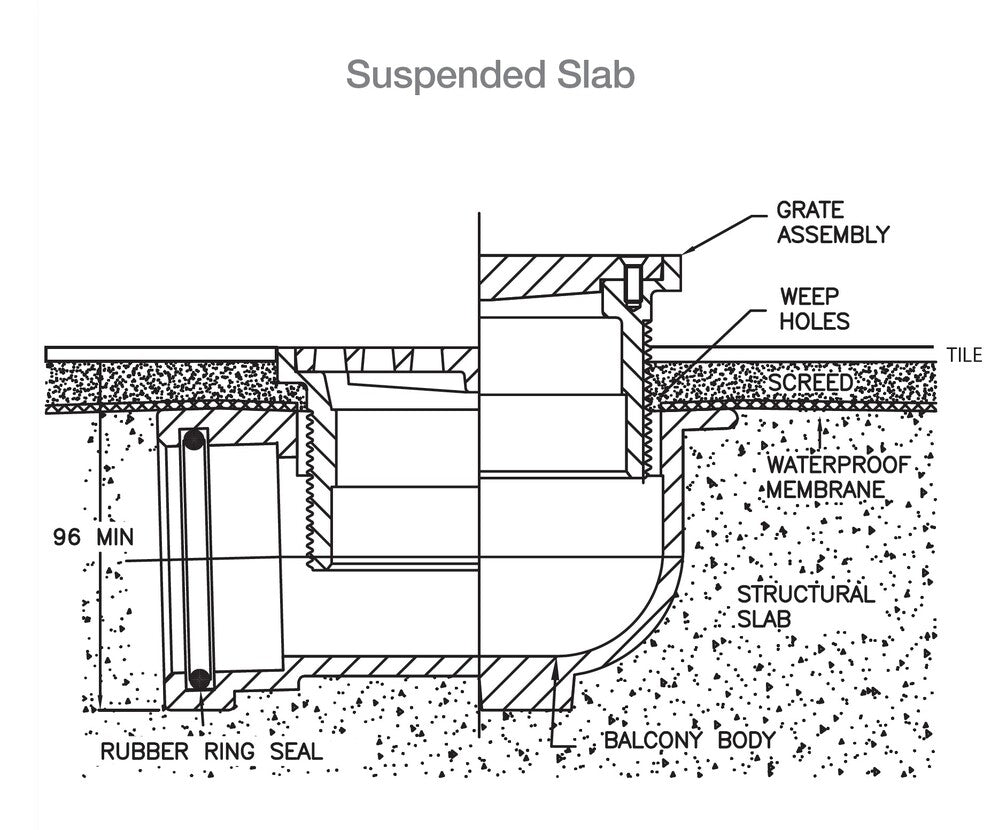 Horizontal Floor Drain Combo - CI 50PVC/HDPE Balcony Body & Stainless Steel Square Grate 100