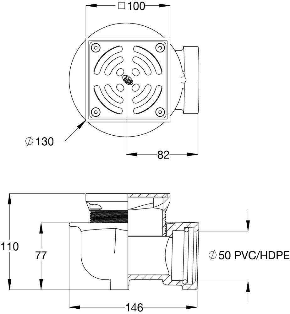 Horizontal Floor Drain Combo - CI 50PVC/HDPE Balcony Body & Stainless Steel Square Grate 100