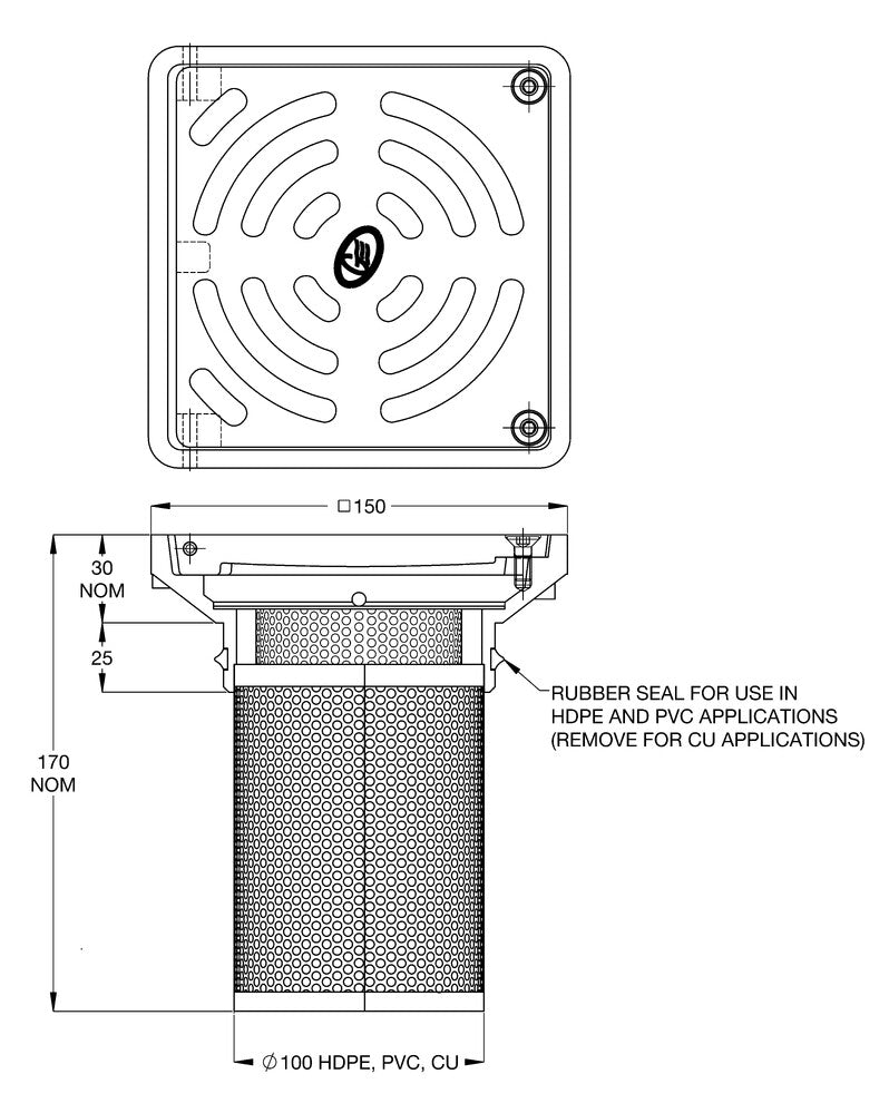Indust Floor Waste Combo - Stainless Steel Square Grate 150x100 PVC/HDPE/CU & Stainless Steel Du