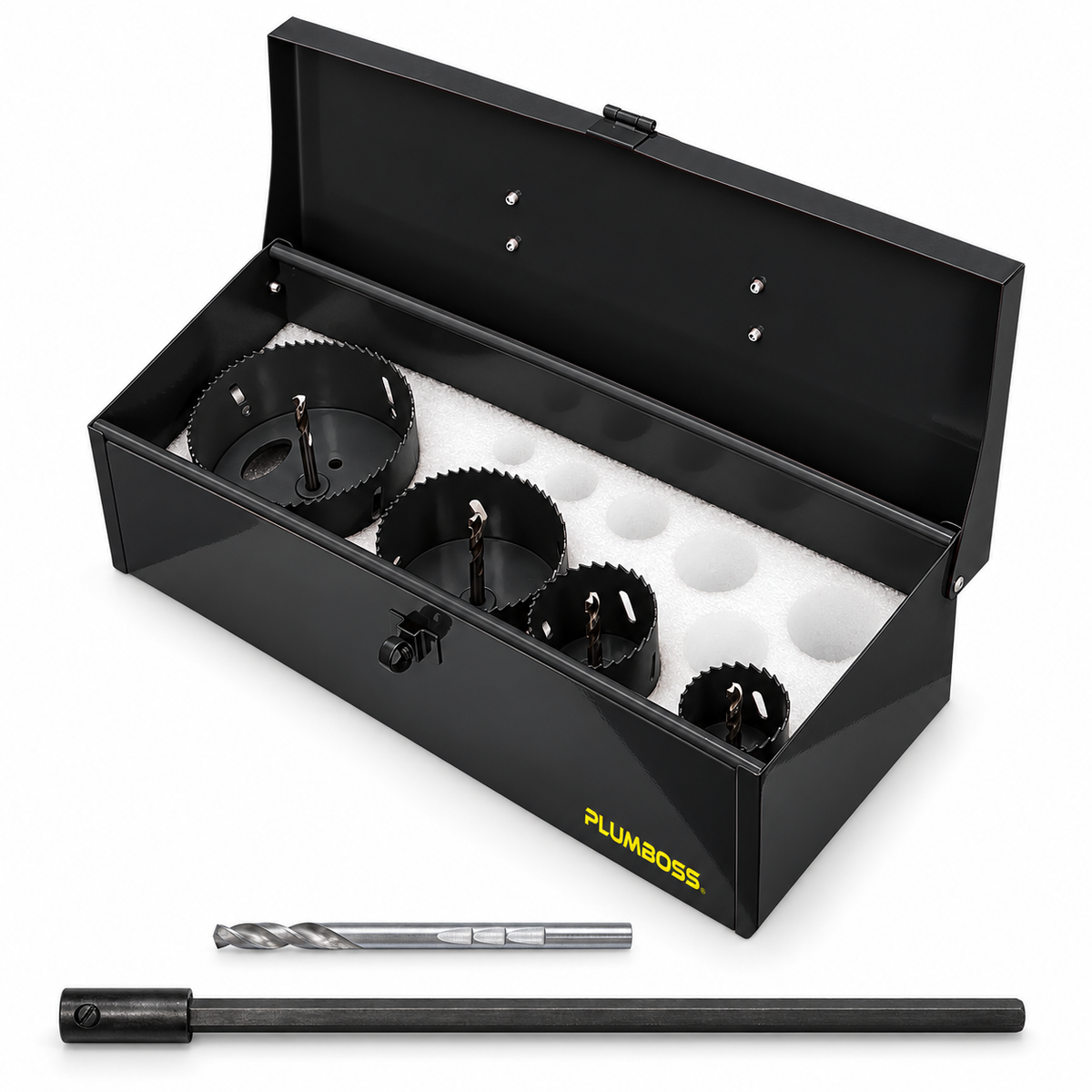 plumBOSS DWV Hole Saw Kit - 4pc 48-114mm Hole Saws, Pilot Drill, 300mm Extension Arbor | PBKIT-HOLESAW