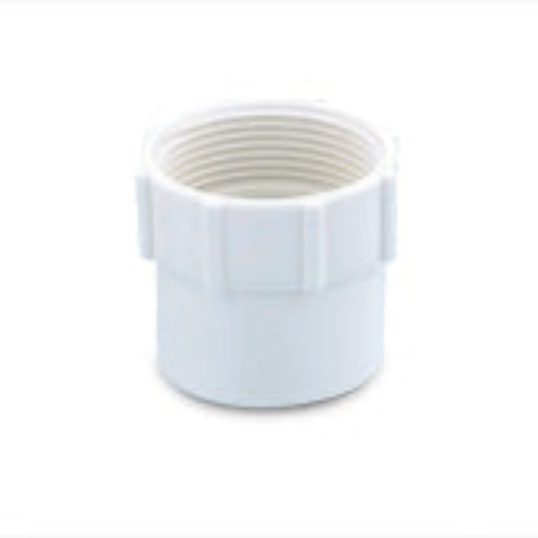 A white DMV female connector for plumbing with a female thread, made of a solvent-welded material.