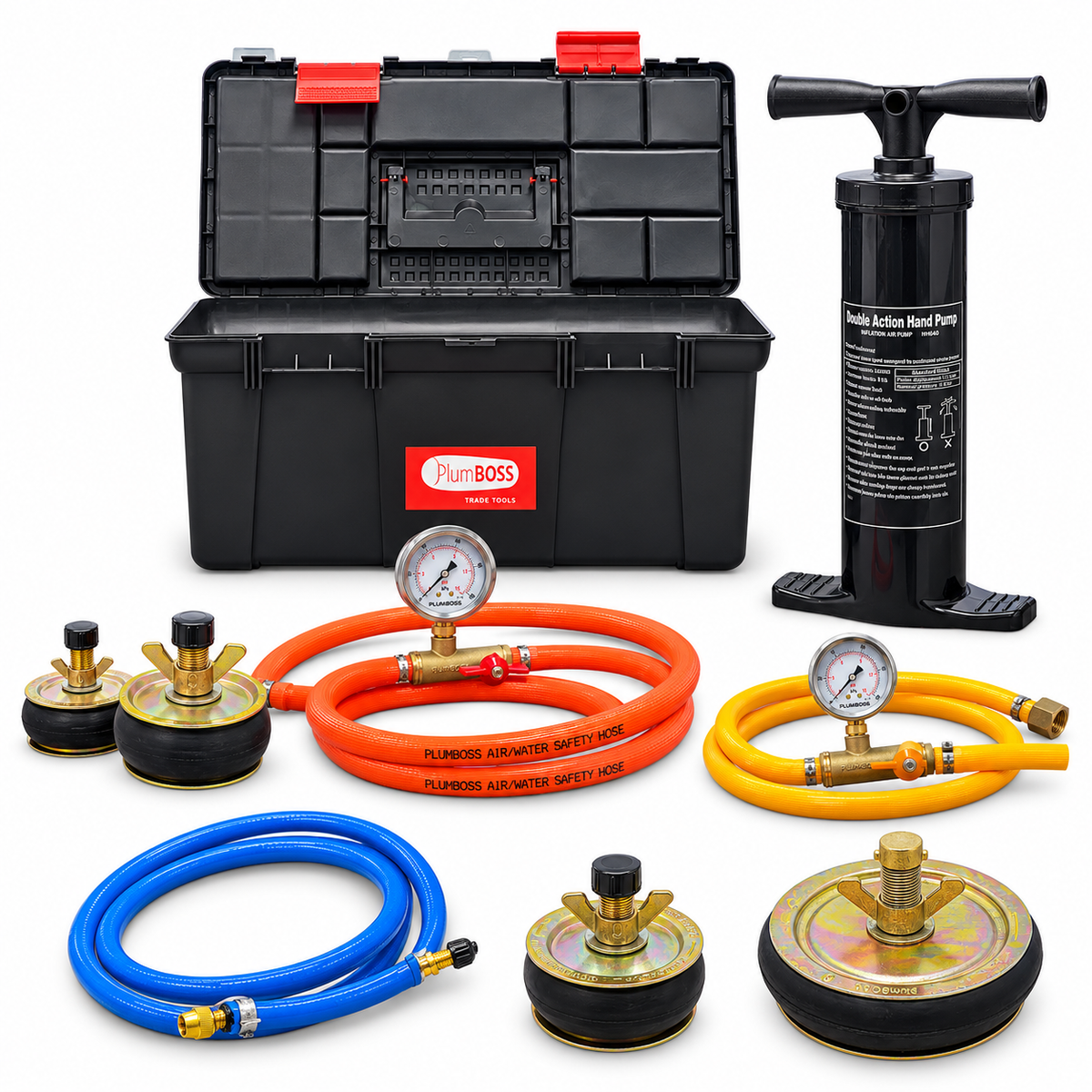 plumBOSS Drainage Air Test Kit - 4in Air Test Kit, Stack Test Kit, Extension Hose, 4in & 6in Test Plugs | PBKIT-AIRTEST