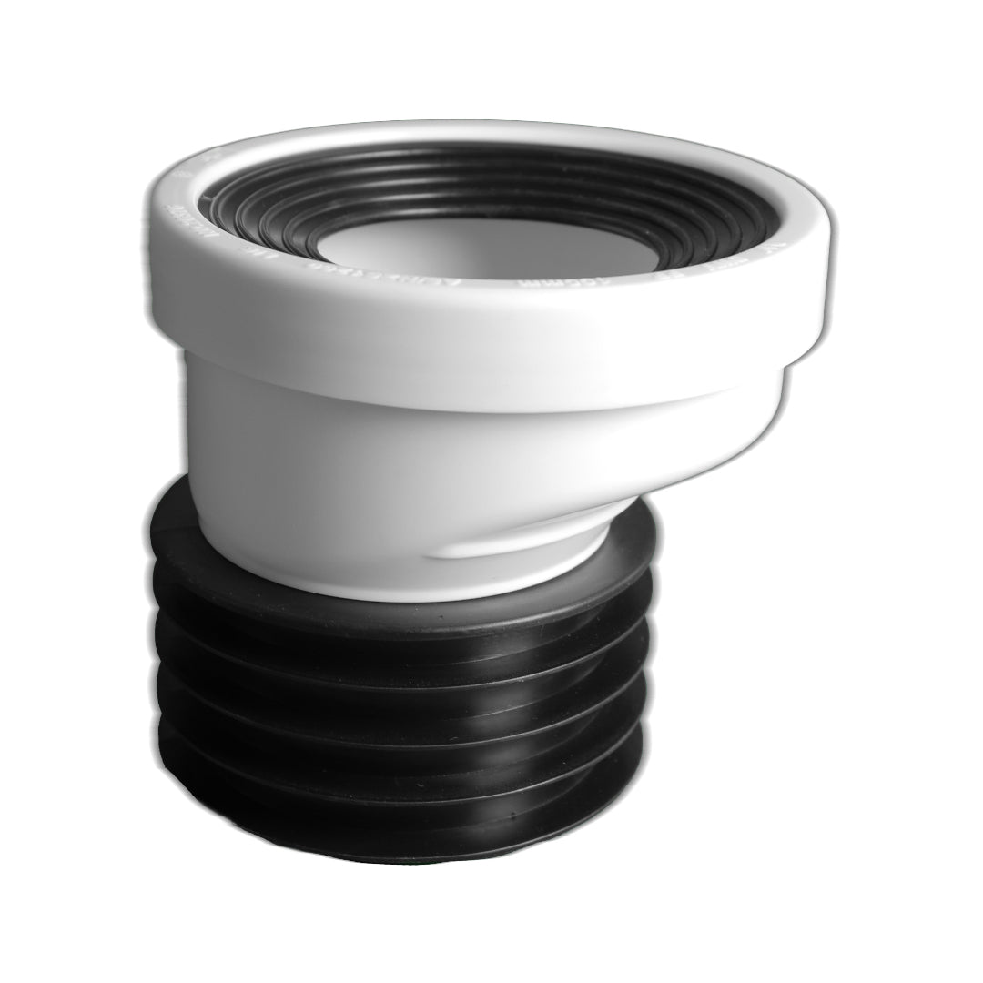 A white flexible pan connector for plumbing, with black ridges on the exterior.