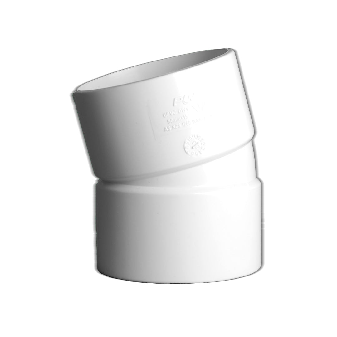 A white 15-degree female to female plain pipe bend.