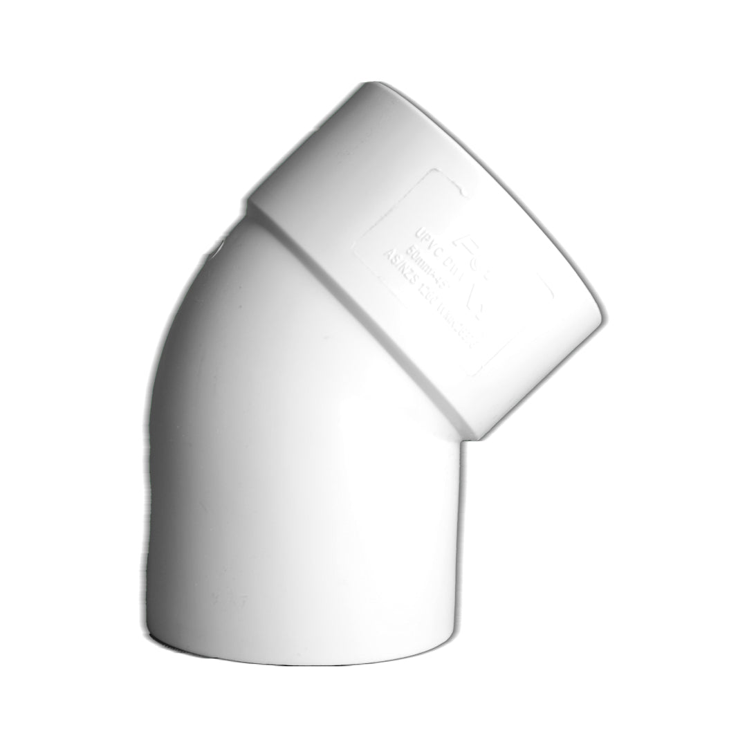 A white 45-degree male and female plain PVC elbow pipe fitting.