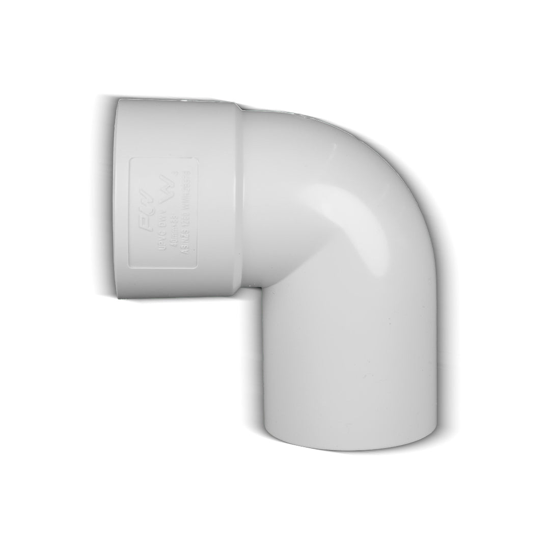 A white 90-degree male and female plain PVC elbow pipe fitting.