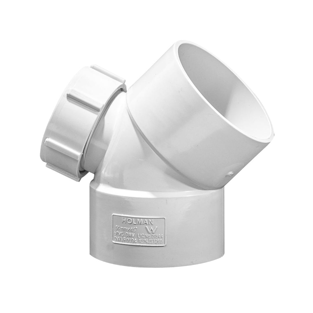 A white PVC or plastic DWV bend with a 45-degree angle and female & female plain inspection openings.