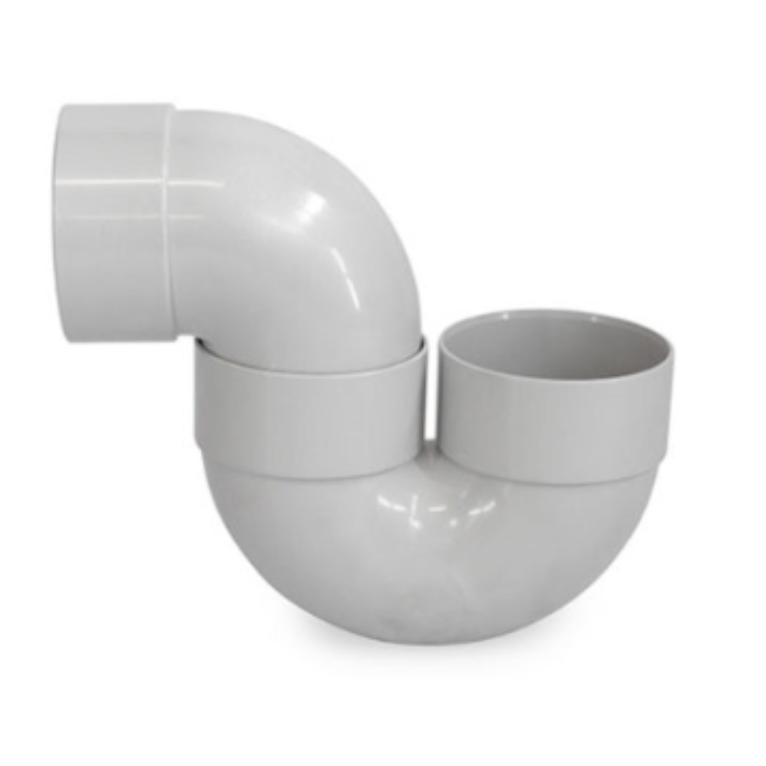 A white DWV disconnector trap, typically used in plumbing systems to block sewer gases.