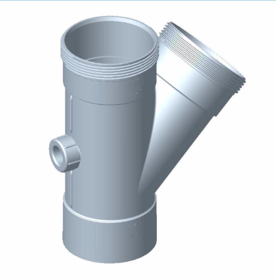 A 3D rendered image of a gray plumbing junction fitting with a 100mm diameter and a 45-degree bend.