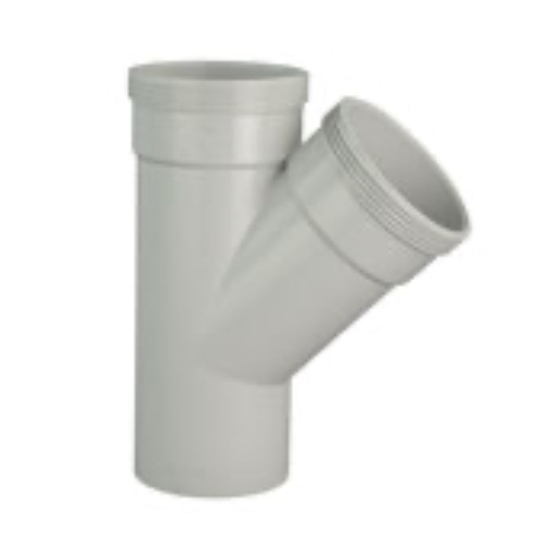 A white plastic DWV (drainage) junction fitting, which is a type of pipe connector.
