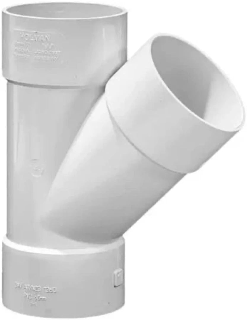 A white PVC plumbing junction fitting with 45-degree angles.