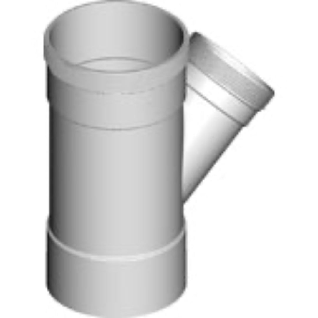 A PVC DWV junction fitting with a 45-degree angle and plain ends for plumbing.