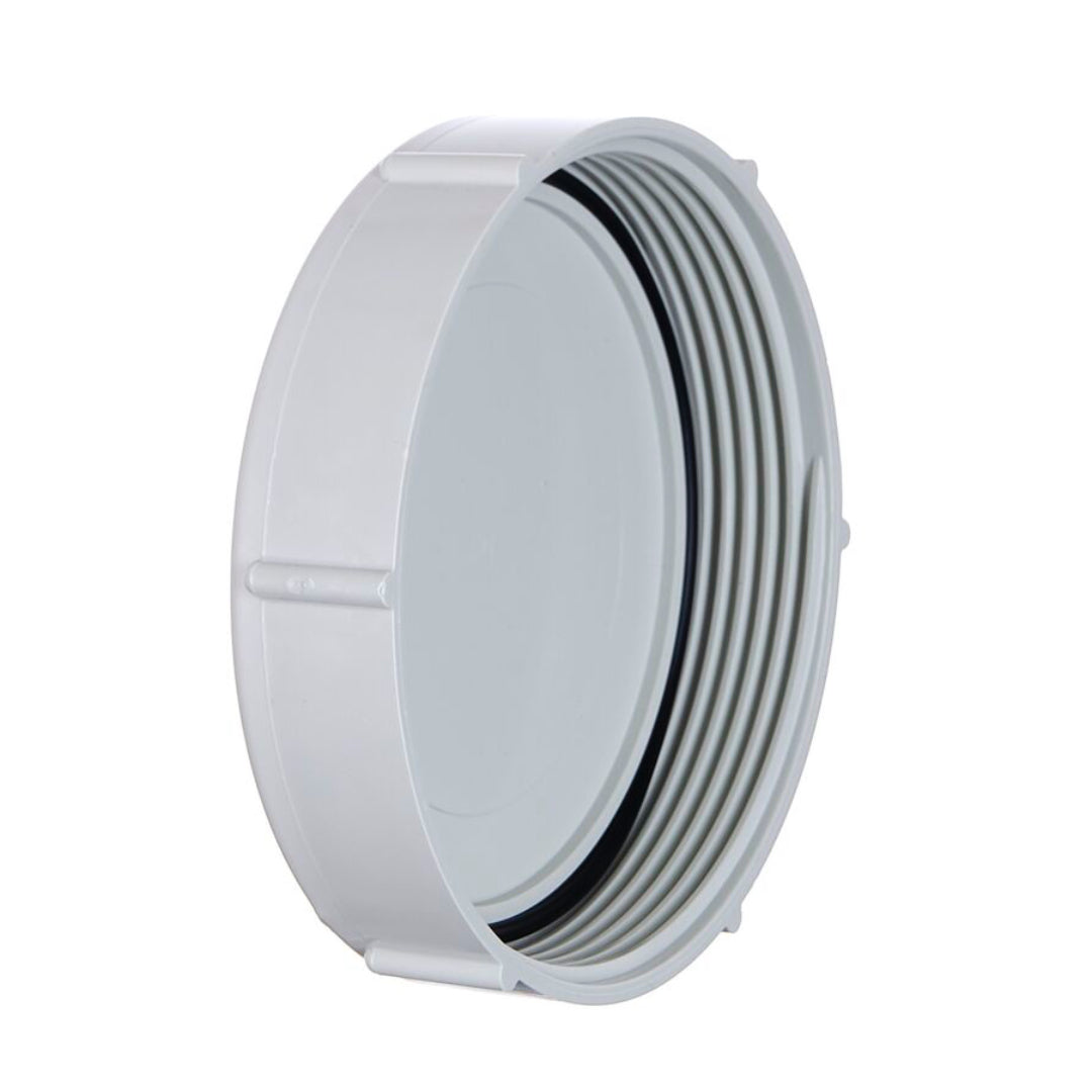 A white  threaded access cap for plumbing pipes.