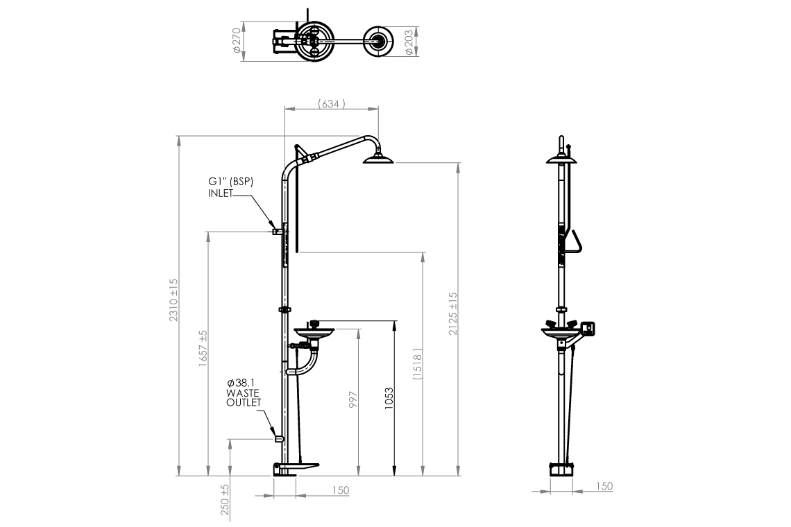 Emergency Stainless Steel Combination Shower with Hand/Foot Operated Eye/Face Wash