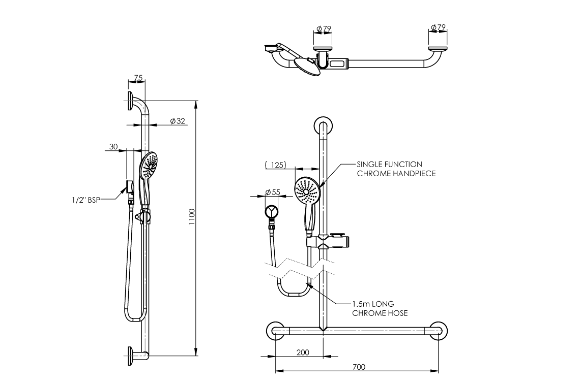 Chrome Hand Held Shower and Smooth Hose with Left Hand Inverted T Stainless Steel Grab Rail